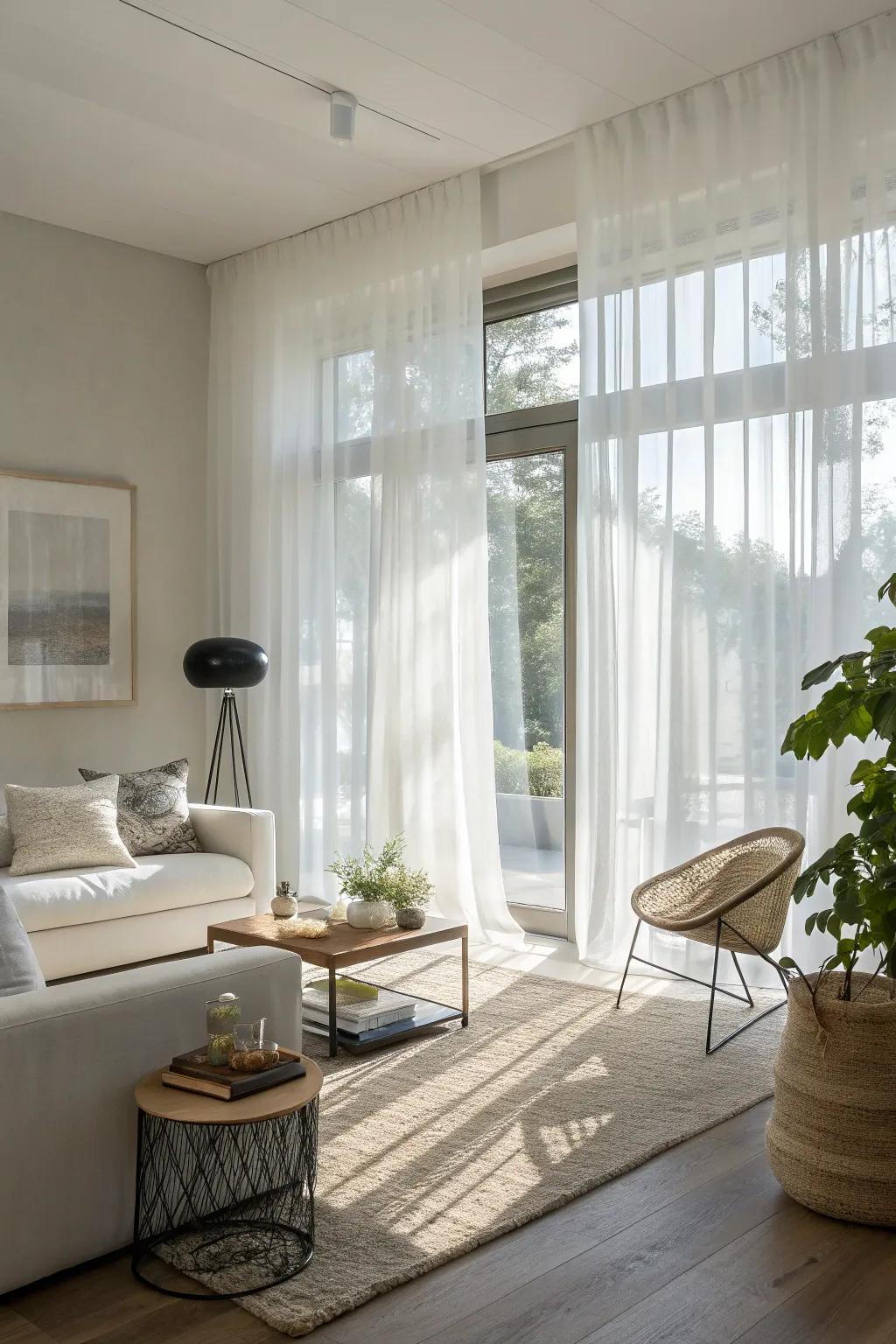 Sheer window coverings introduce a refreshing and luminous vibe to any family room.