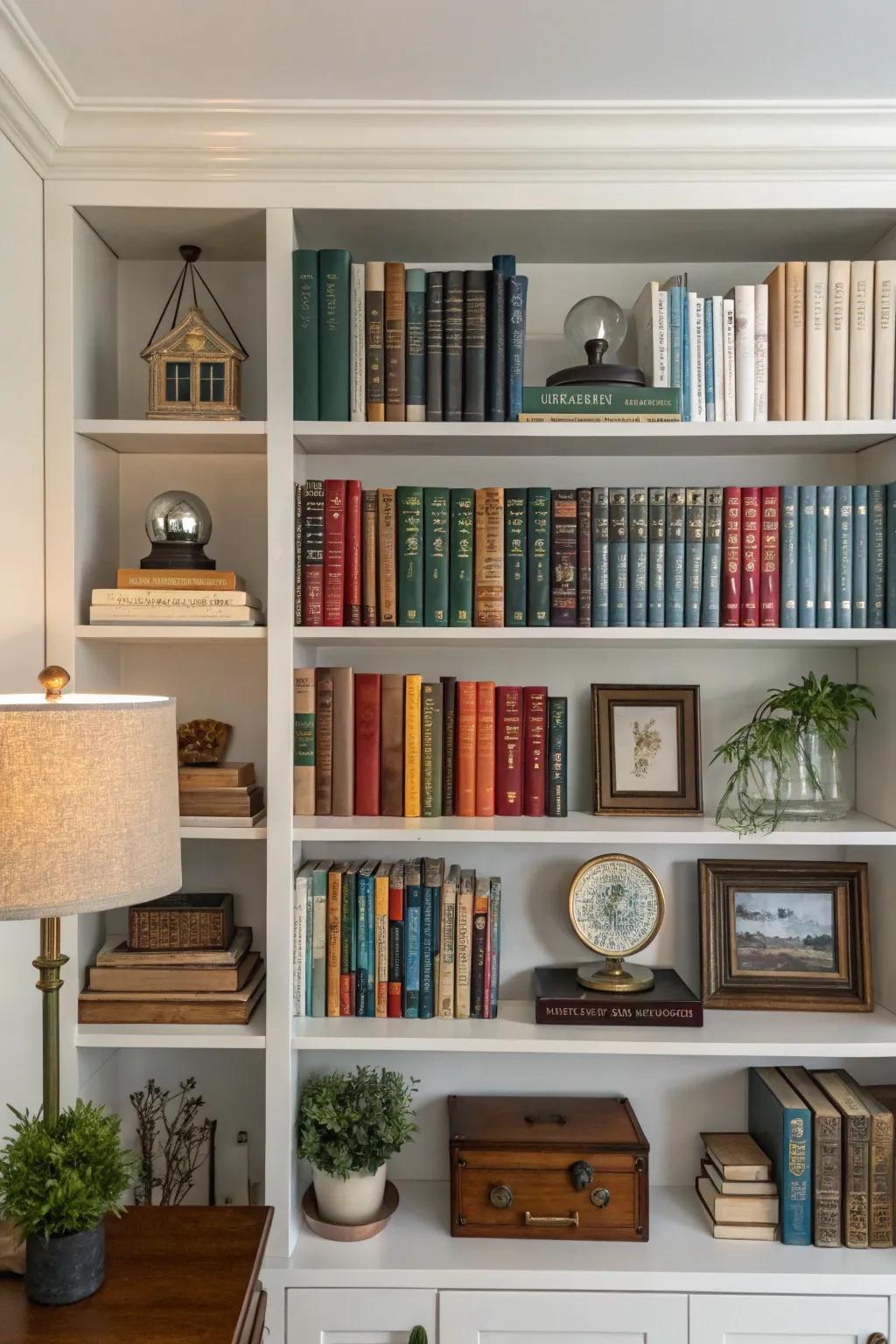 Harmonious symmetrical and asymmetrical layouts on a bookshelf.
