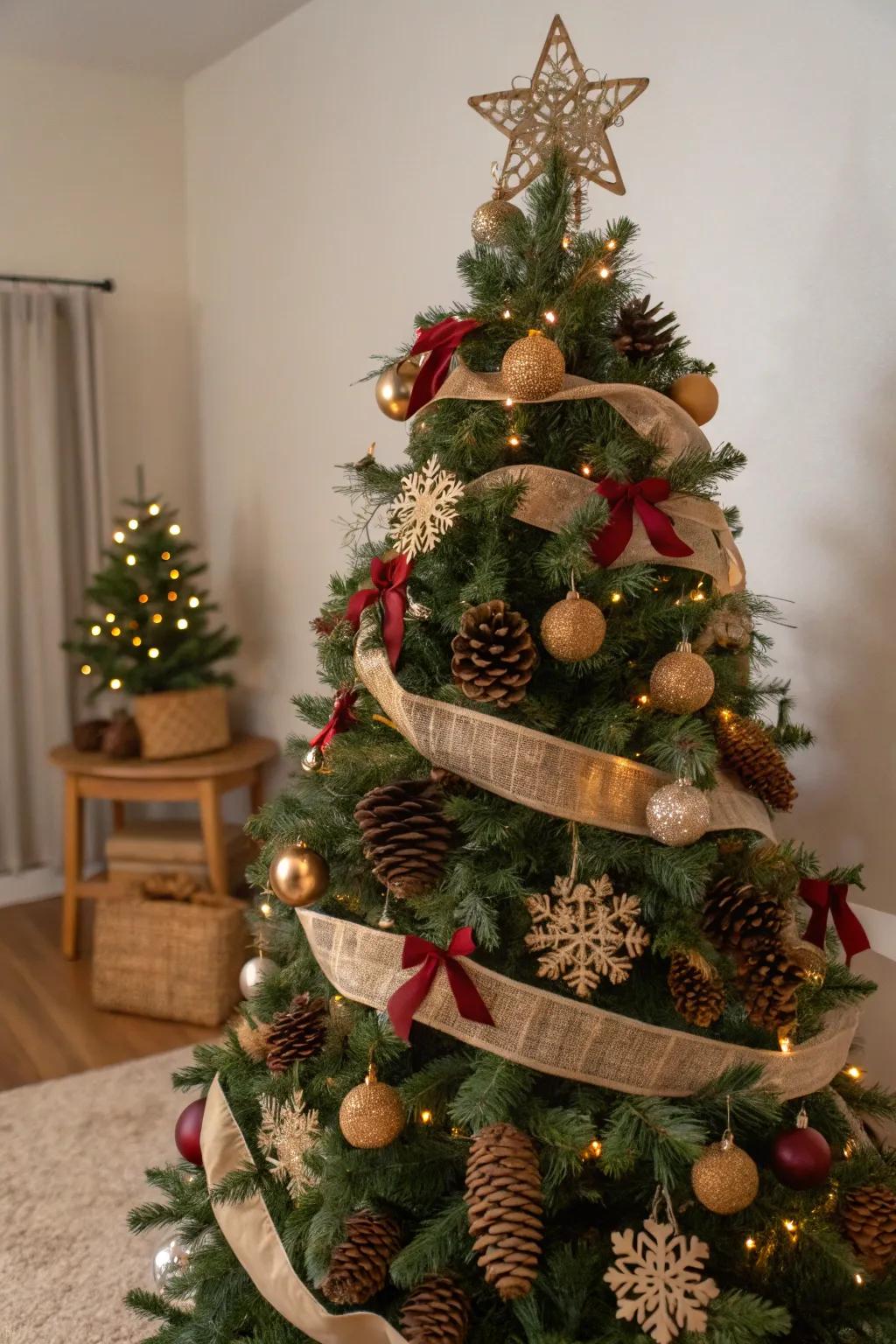 A countryside-inspired holiday tree boasting natural accessories such as acorns and homespun fabric strips.