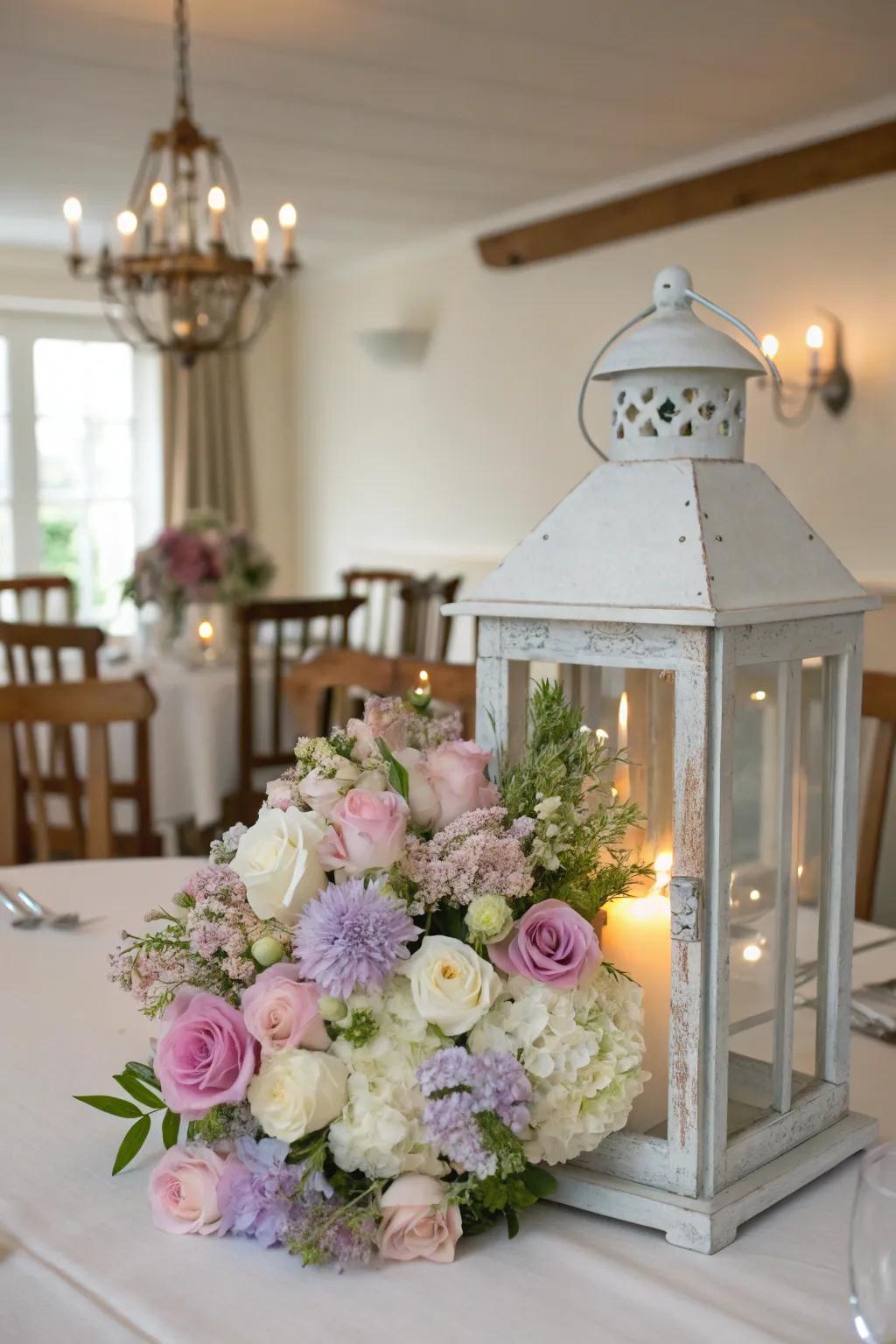 A charming spring-inspired lantern focal point showcasing pastel-colored flowers.