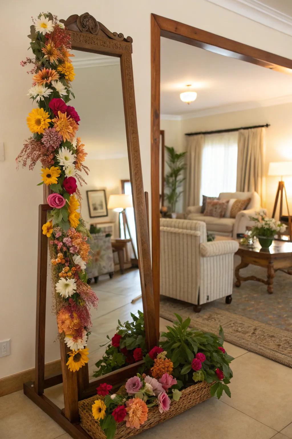 A mirror decorated with a floral frame cultivates a revitalizing and animated ambiance.