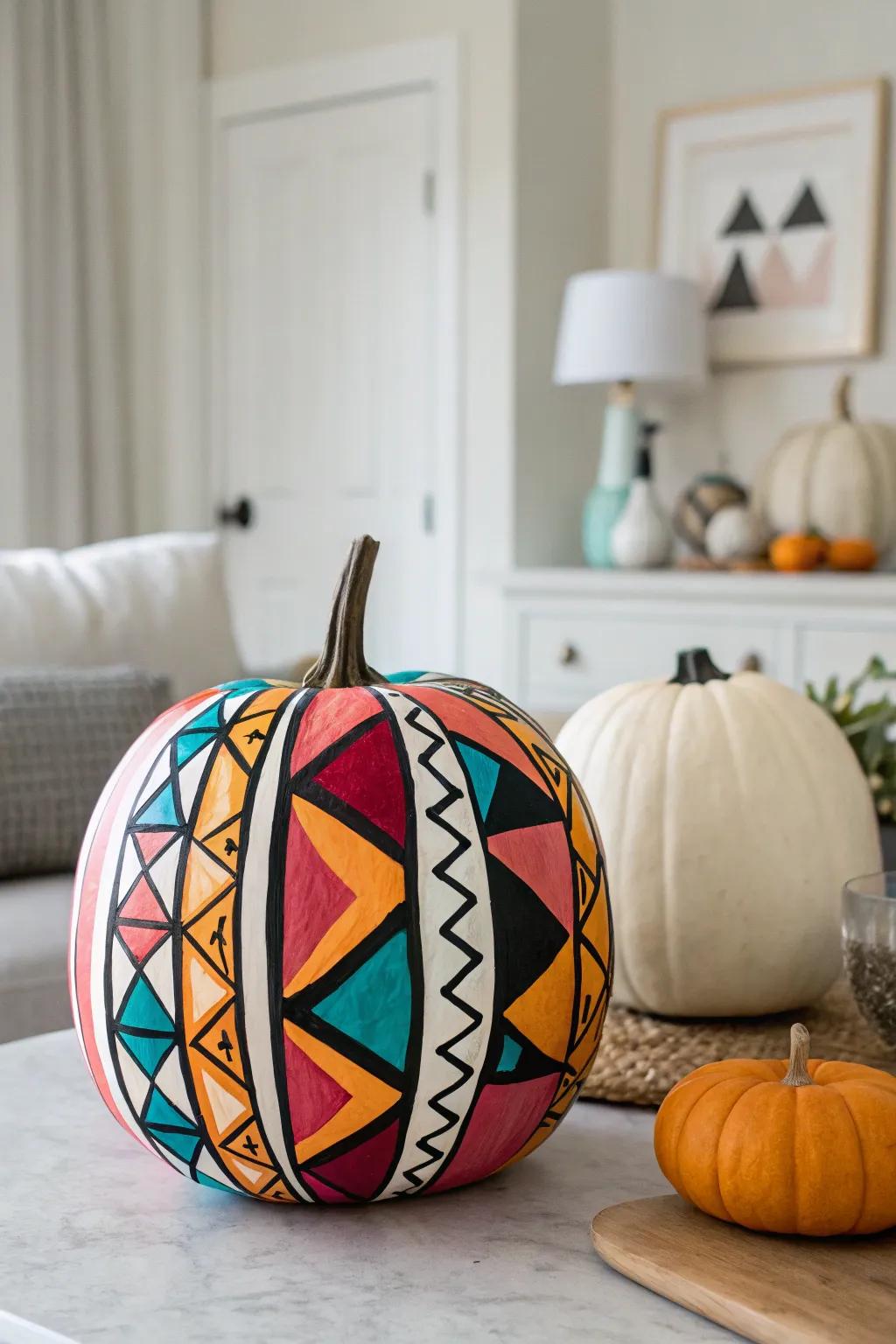 A vibrant and artistic pumpkin creation, adding a contemporary flair to any decorative arrangement.