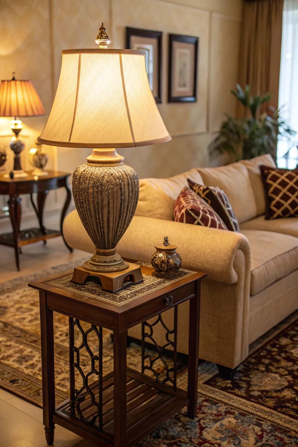 A table lamp enriches a sofa table, adding both light and style.