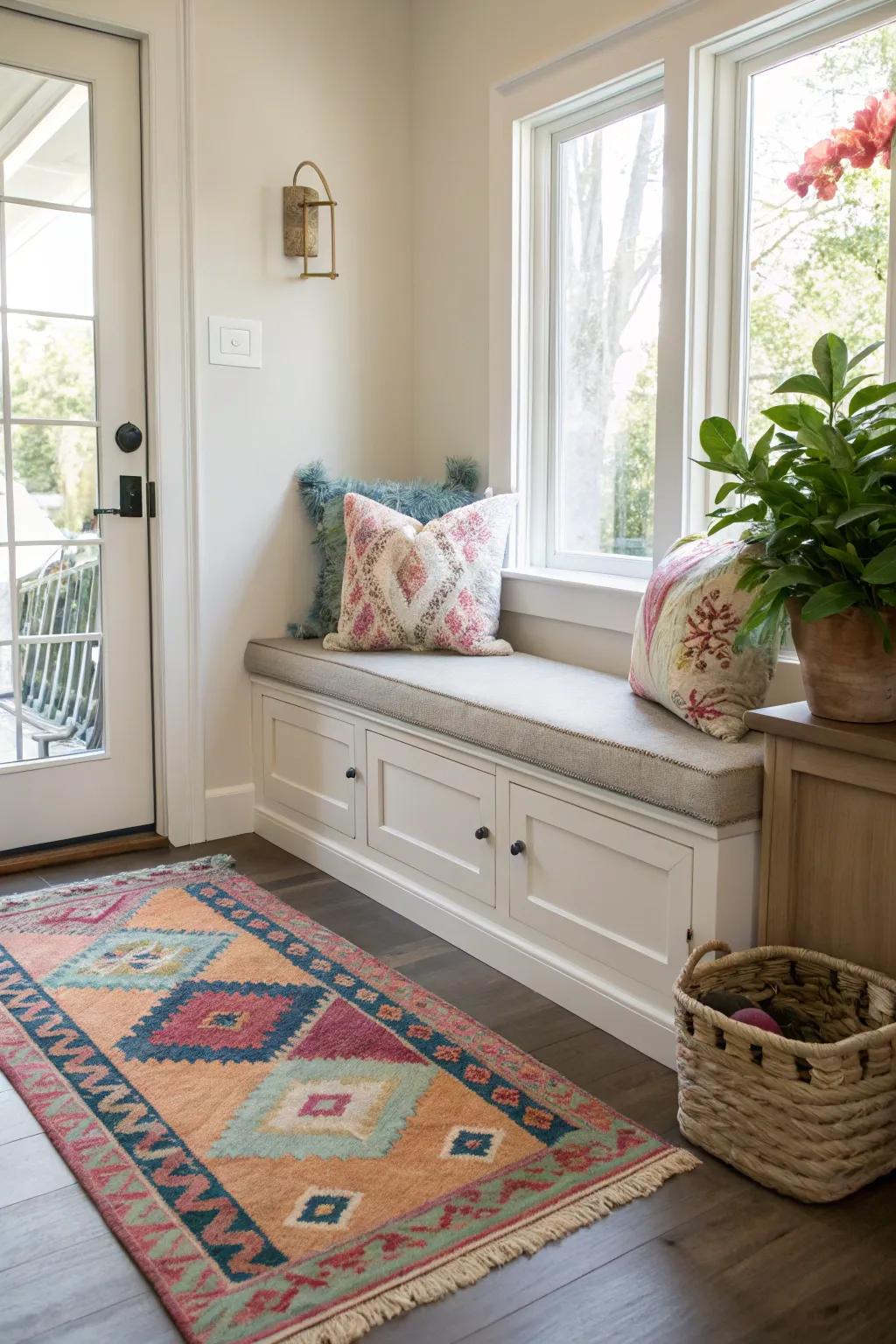 A cozy seating area in the entryway featuring a small bench and soft cushions.