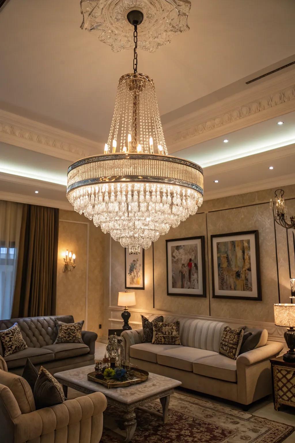 An attractive living space showcasing a marvelous show-stopping luminaire.