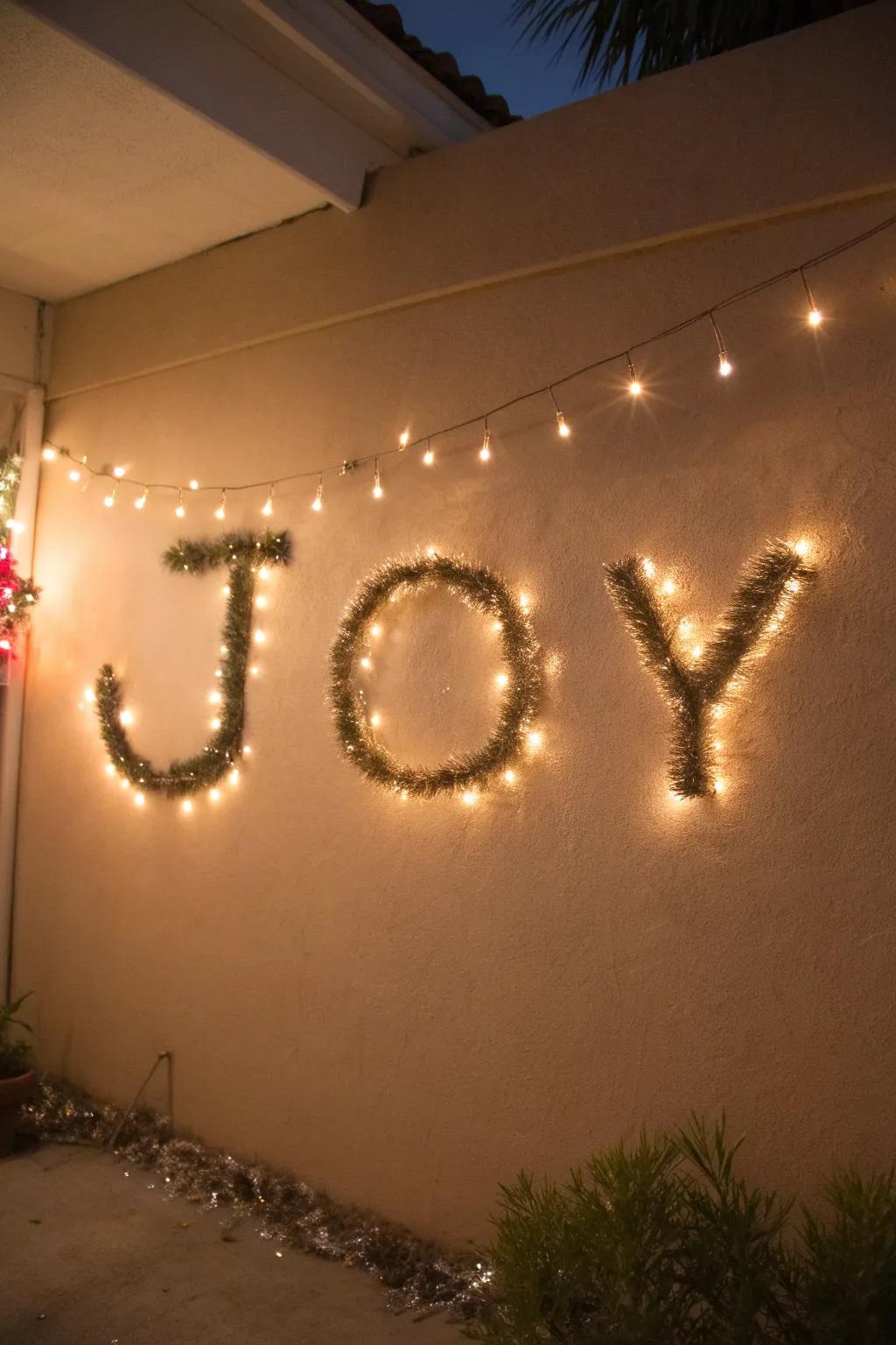 The term 'JOY' articulated with shimmer strands for a joyful element.