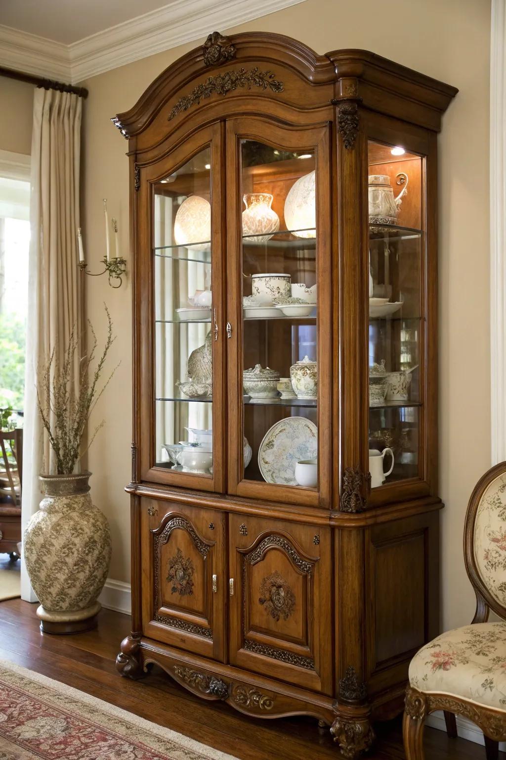 A classic wooden china display unit exhibiting a hand-picked assortment of china through transparent doors.