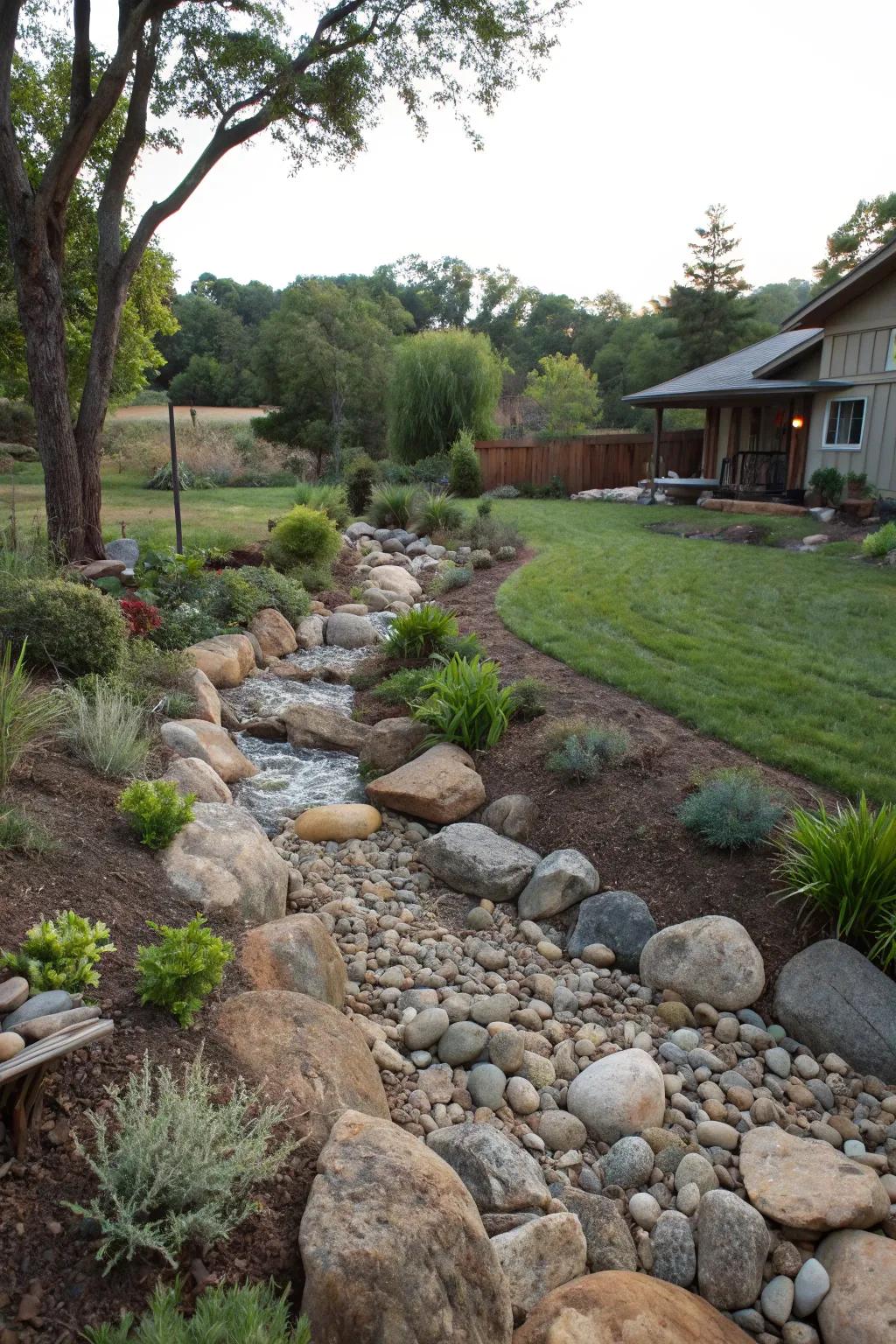 A dry creek bed gracefully directs water away from the house.