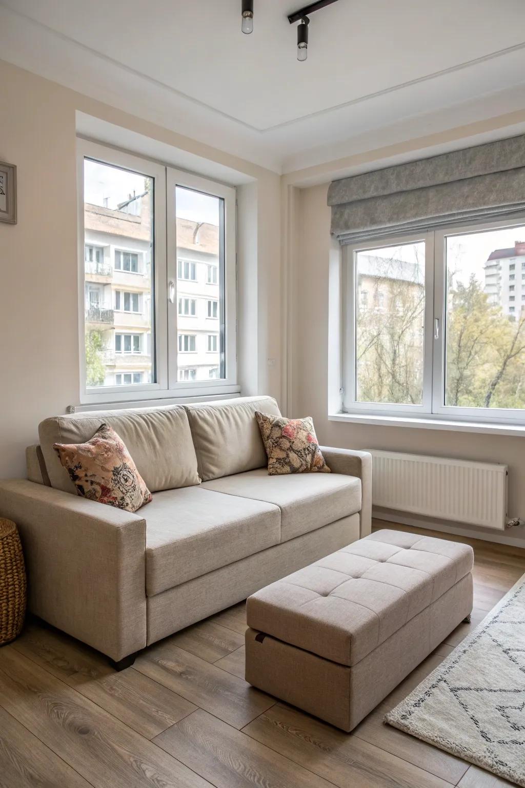 A contemporary living area featuring multi-functional furnishings to maximize space.