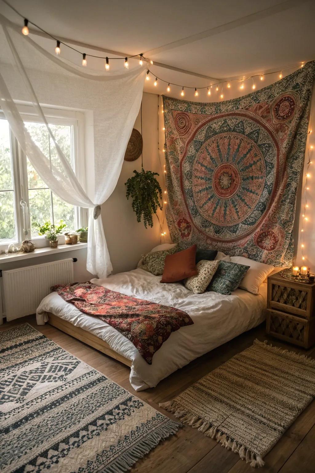 Employing a decorative cloth as a headboard infuses your personal space with style and coziness.