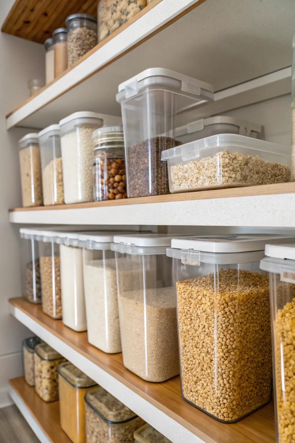 Clear containers neatly display pantry staples like grains and cereals.