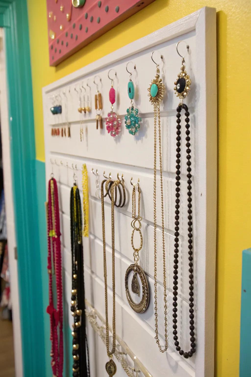 Display your jewelry as a work of art using wall-mounted fasteners.
