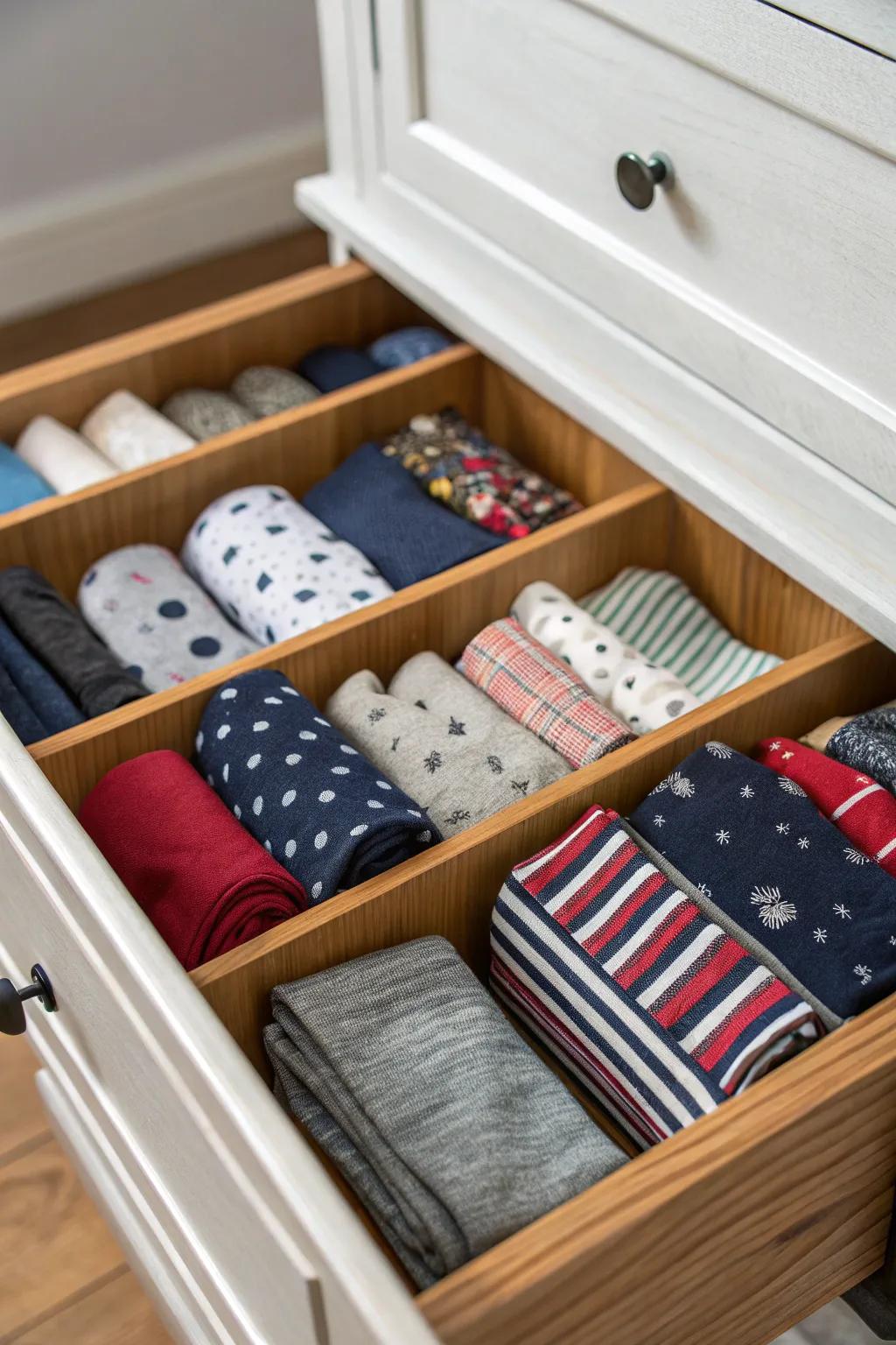 Drawer dividers ensure your socks remain neatly categorized and easily accessible.