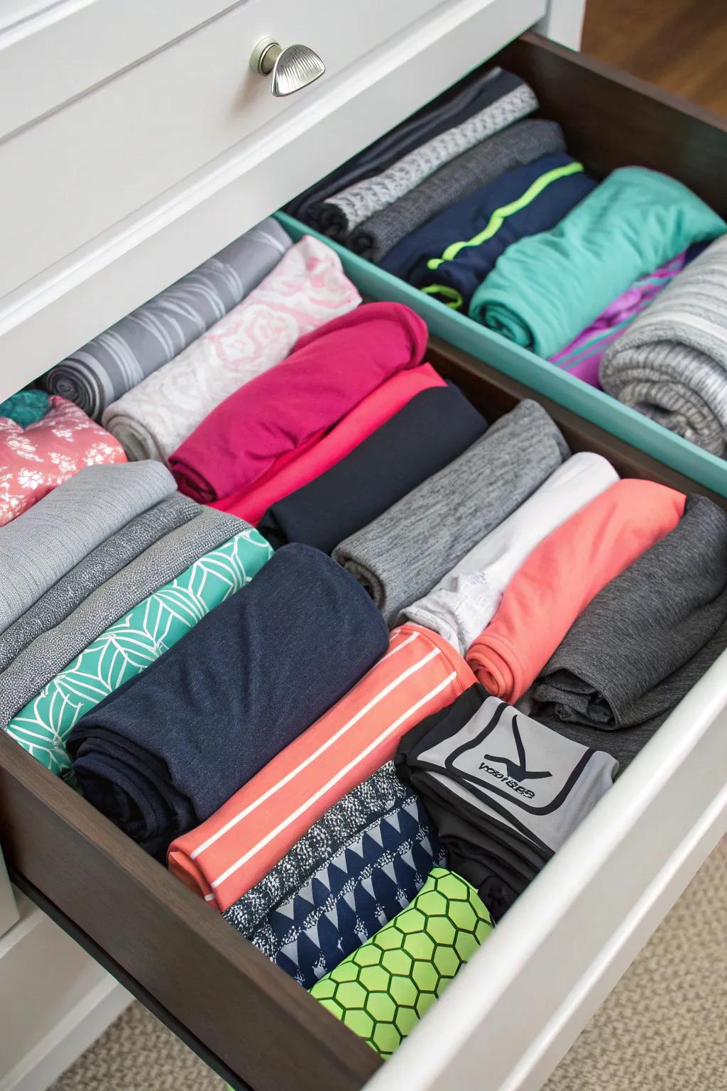 Workout clothing neatly folded using the Spark Joy method.