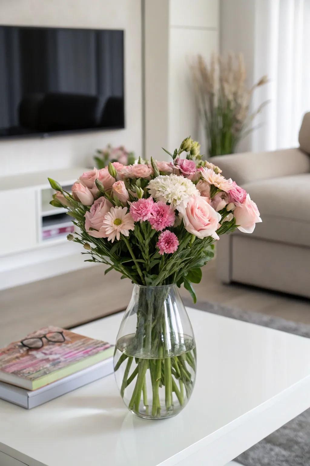 A monochromatic assembly of pink blossoms nestled in a clear vase.