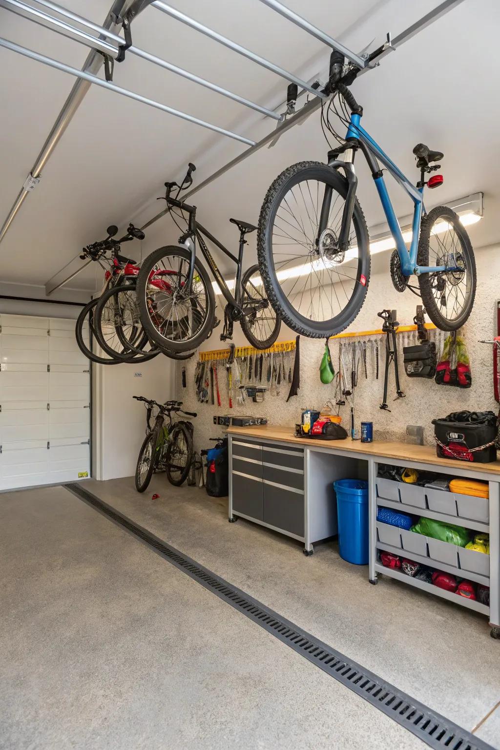 Bicycles suspended from the ceiling via a pulley mechanism, thereby reclaiming floor space.