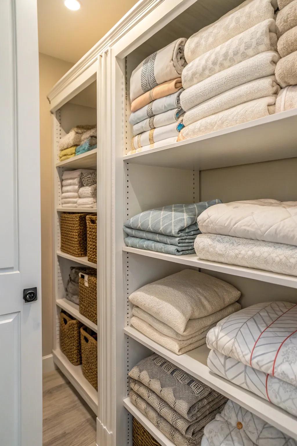 A well-organized linen closet with neatly folded comforters and sheets.