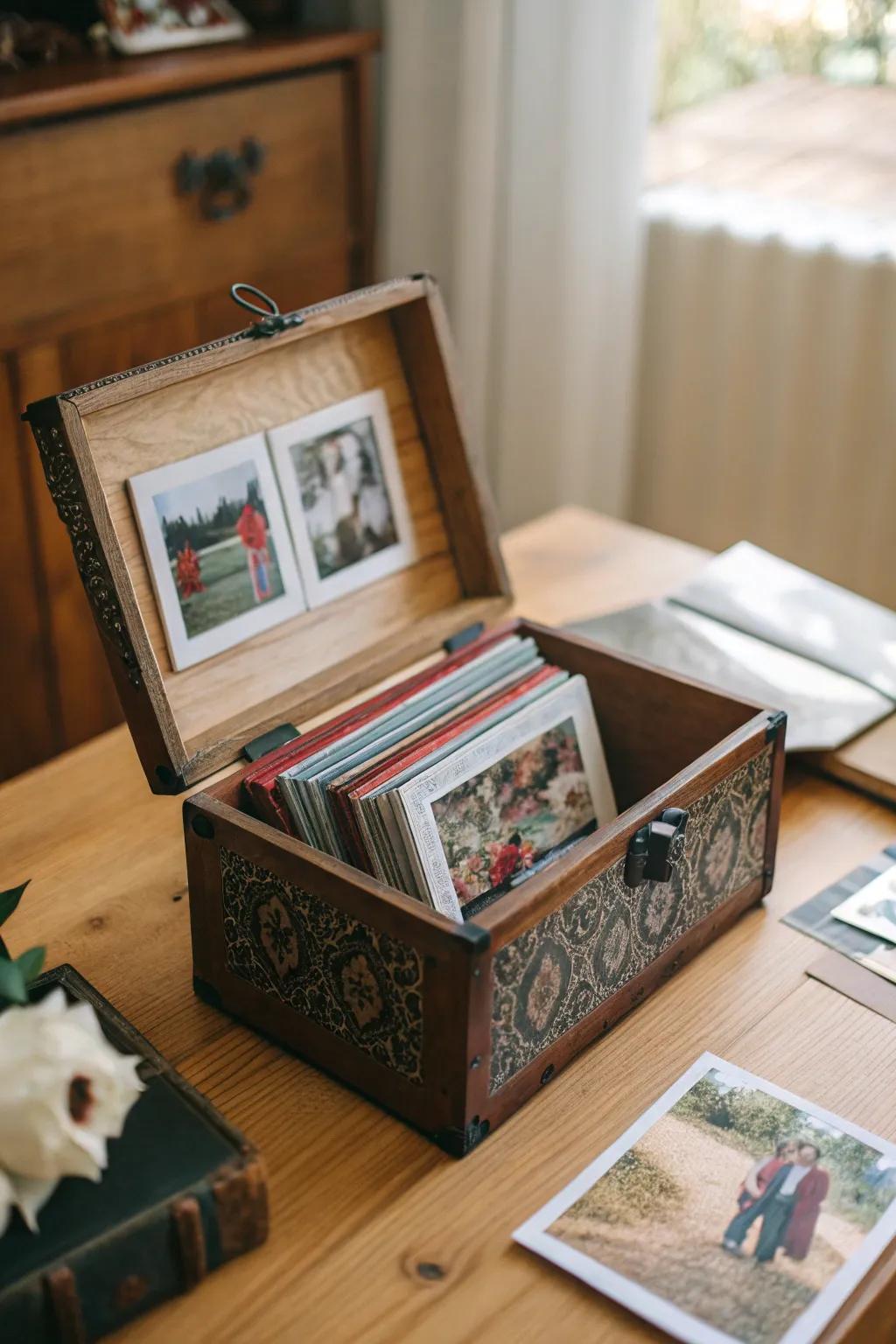 Charming photo boxes provide stylish and practical storage.