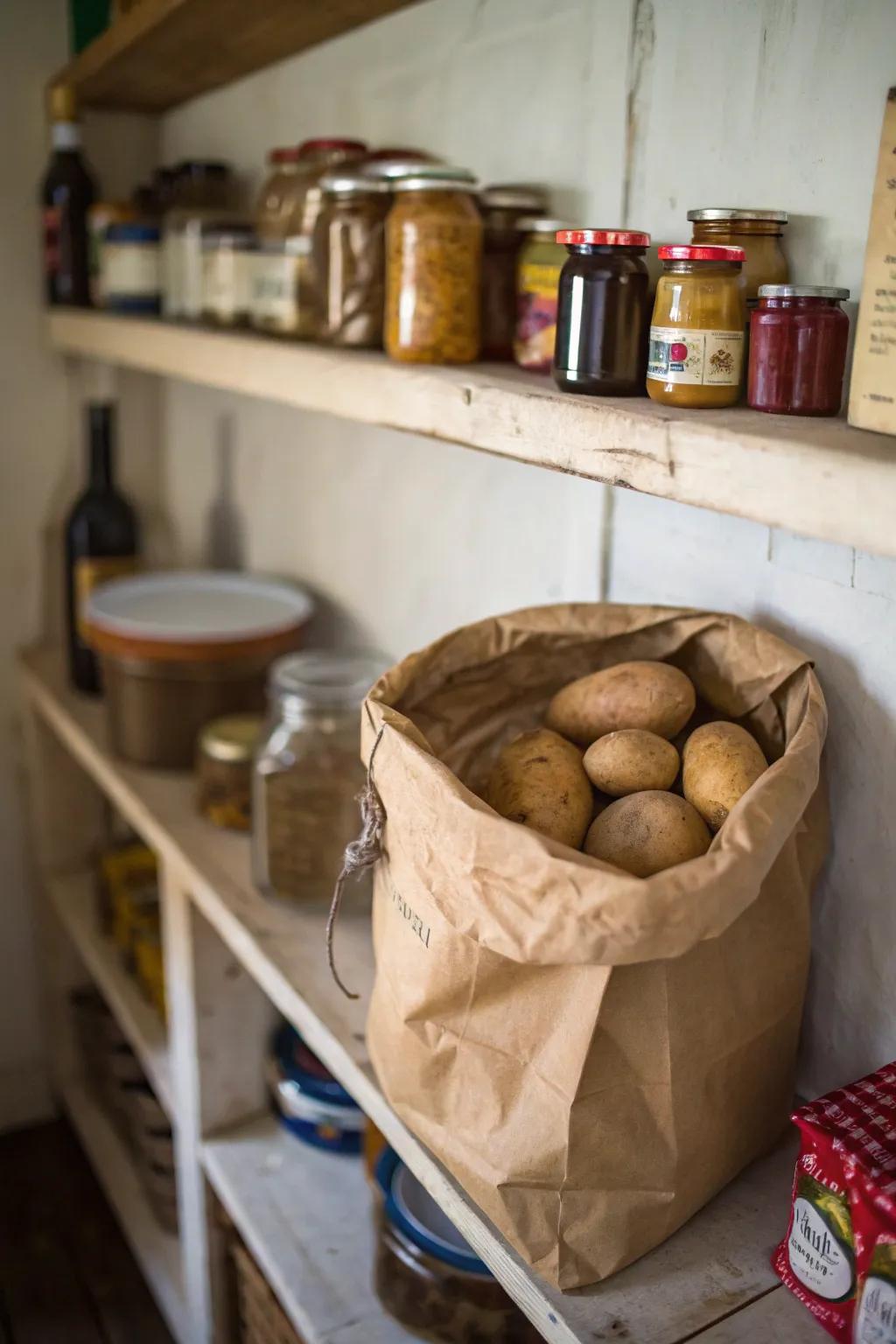 Classic larder storage showcasing potatoes in a quaint, rustic ambiance.
