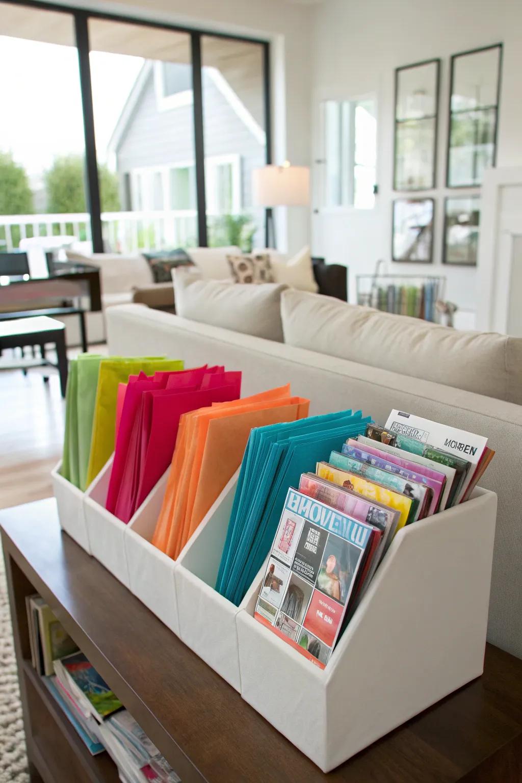 Tissue paper neatly arranged within literature organizers.