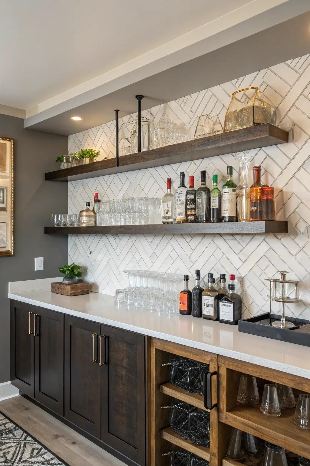 Open display racks incorporate grace and practicality to your home bar.