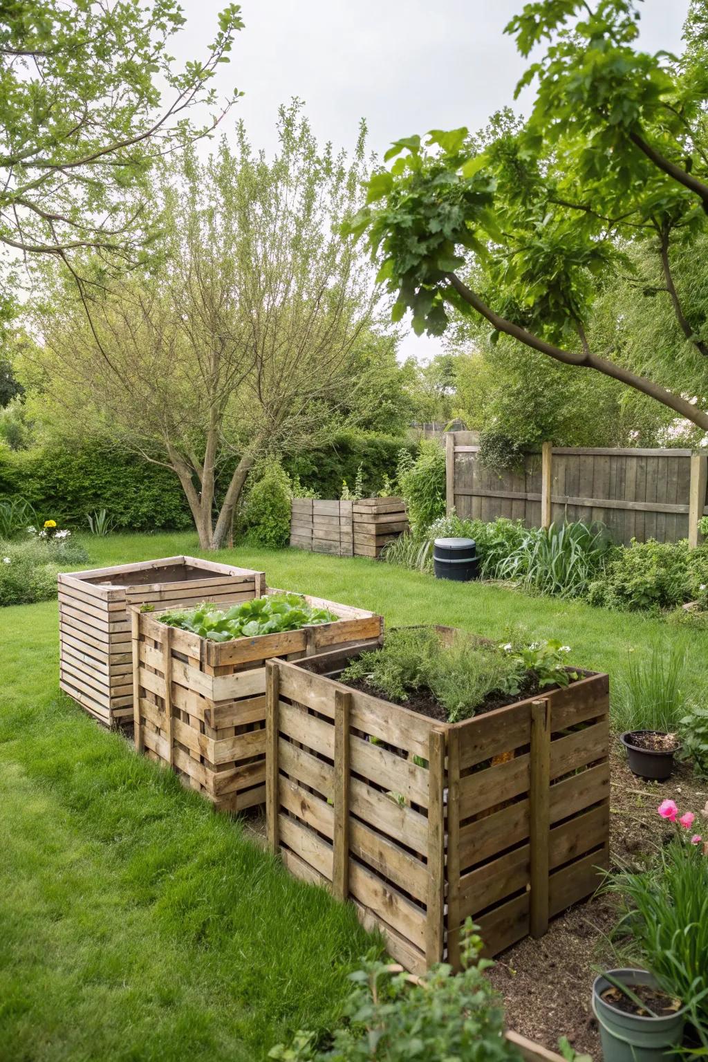 A three-bin compost system in a backyard, perfect for managing compost through its various stages.