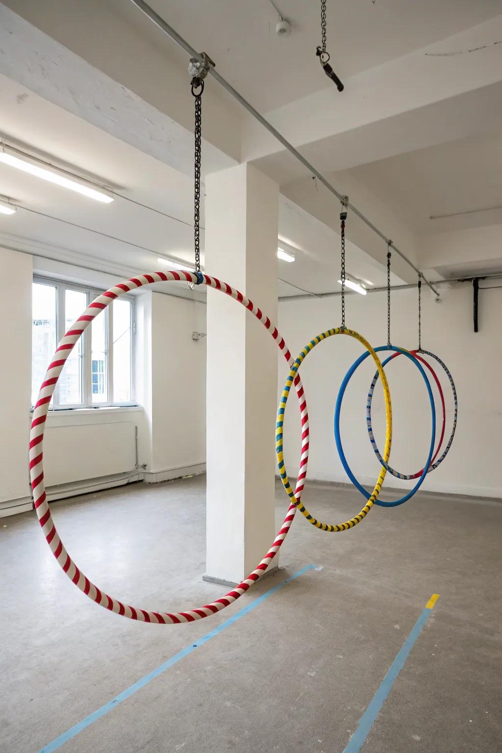Playful rings gracefully dangling from overhead hangers, forming a practical yet artistic arrangement.