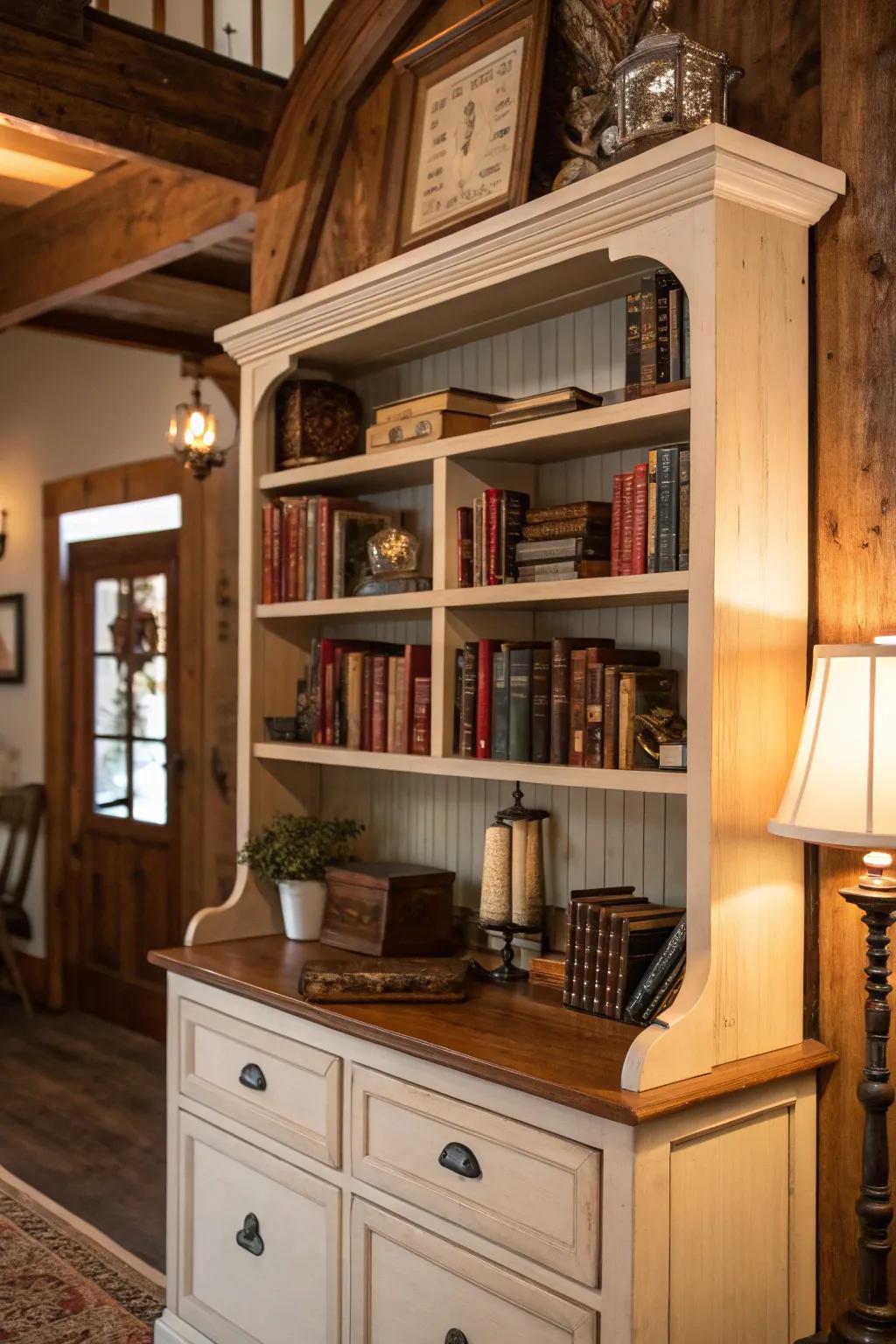 Repurpose your cupboard top as a wall-mounted bookshelf.