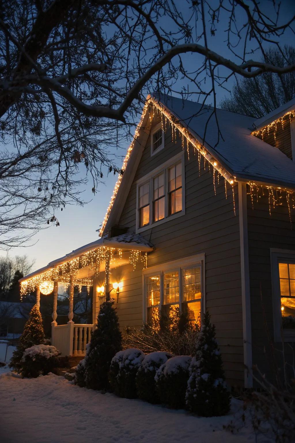 Dazzle strands gracefully defining a rooftop, offering a quintessential holiday appeal.