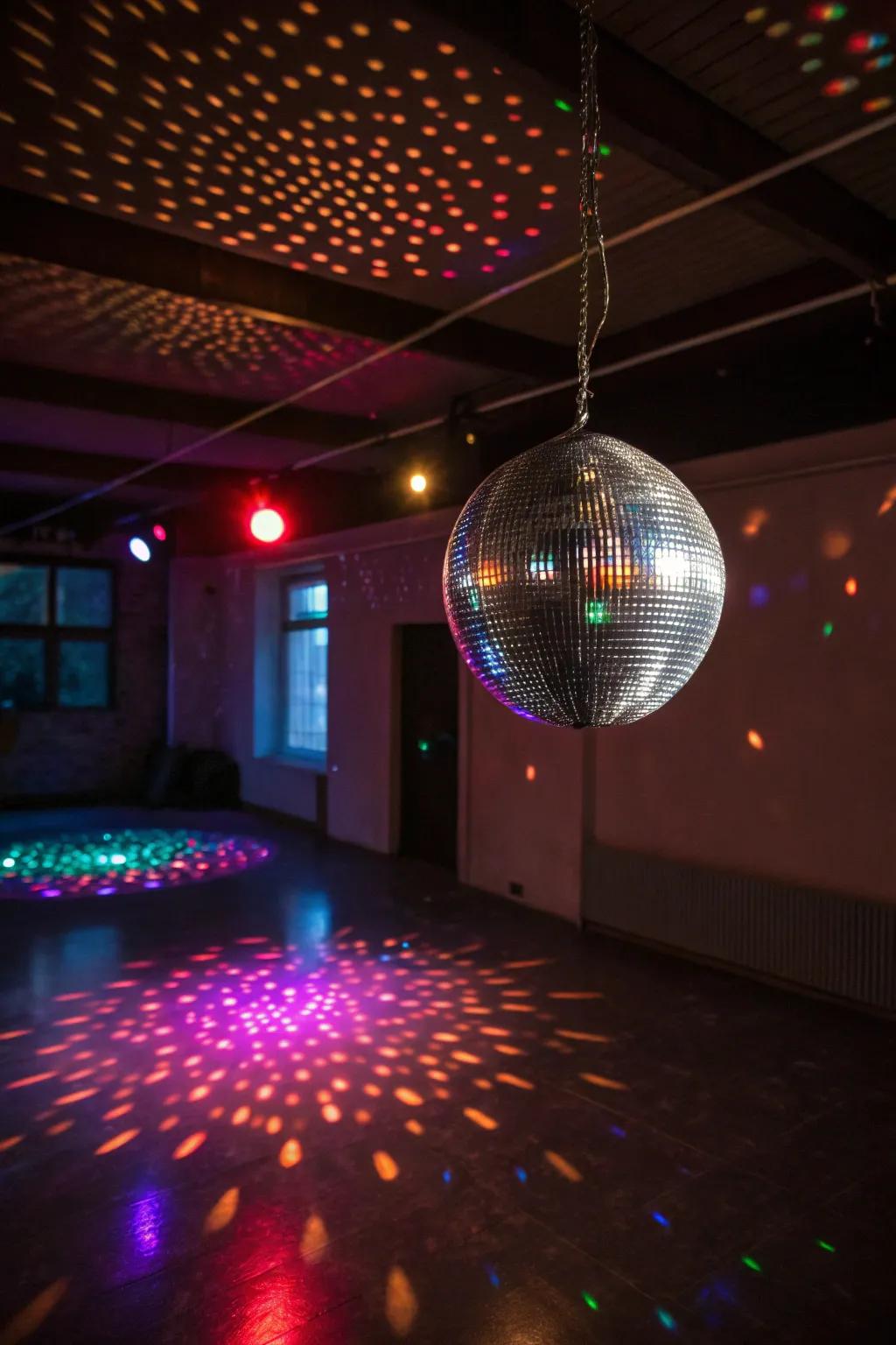 A classic mirrored globe reflecting light vibrantly around the room.