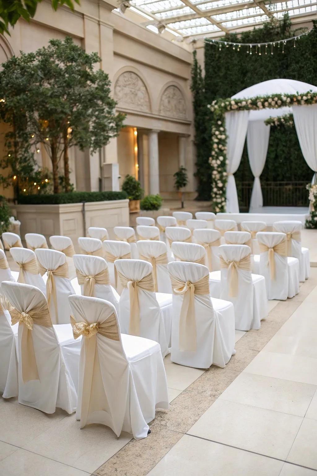 Timeless sophistication with pristine chair covers and ribbons.