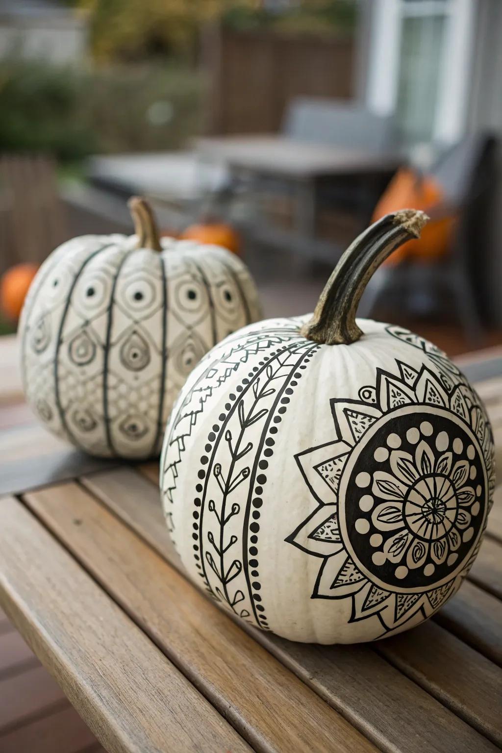 A pumpkin embellished with detailed painted designs for an elegant impression.