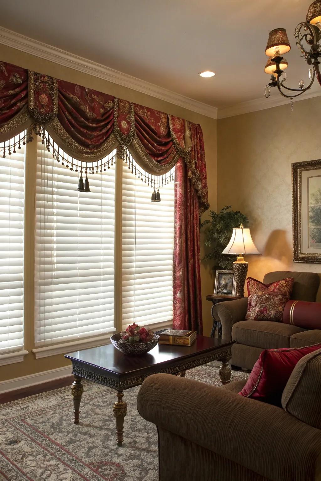 Timeless fabric window toppers add warmth and texture.