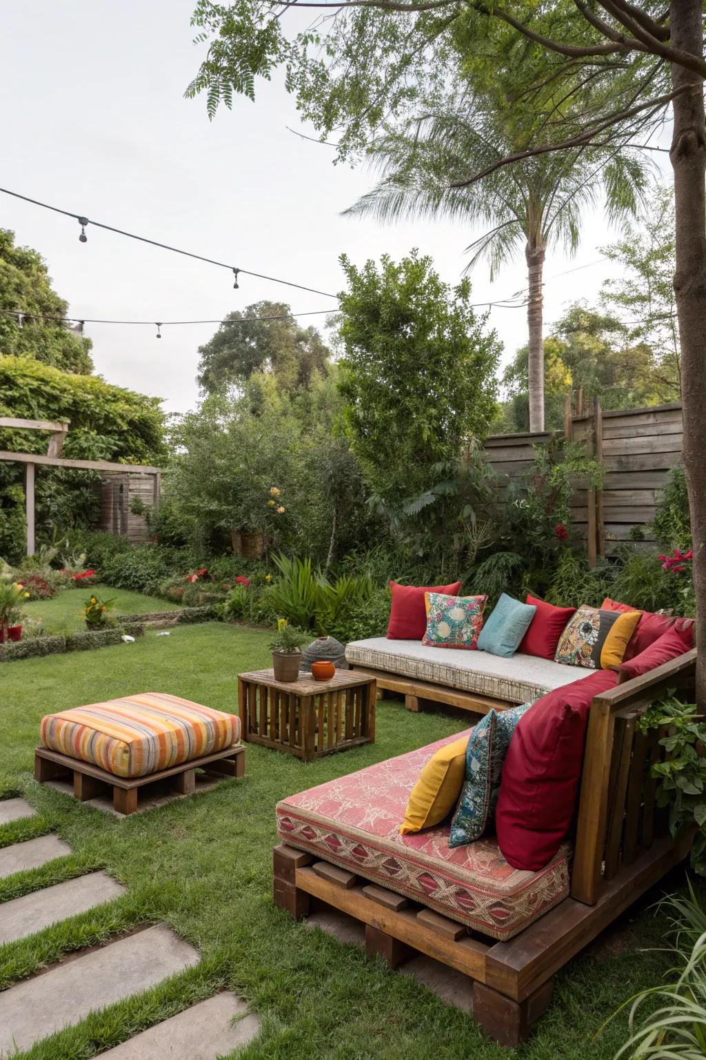 A welcoming seating area adorned with lively cushions invites relaxation in style.