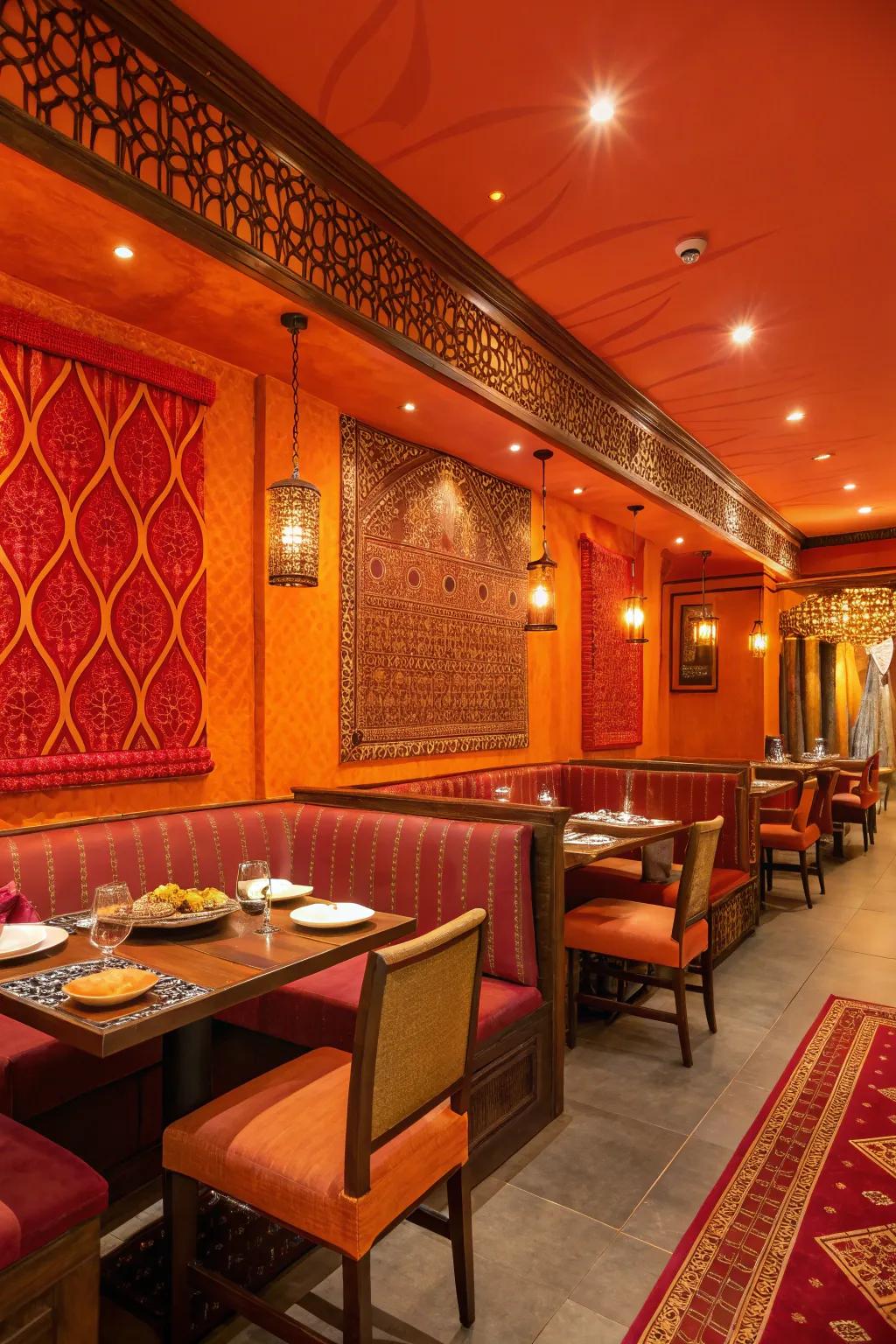 An Indian restaurant interior showcased with a daring blend of orange and red hues.