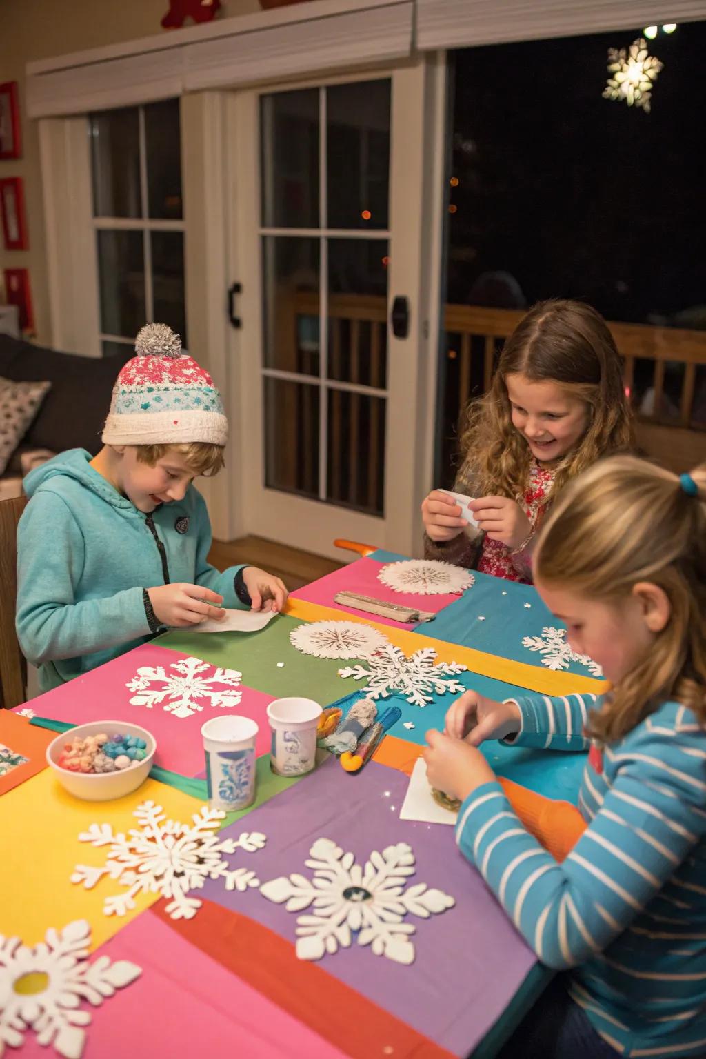 Kids immersed in making winter crafts at a bright table.