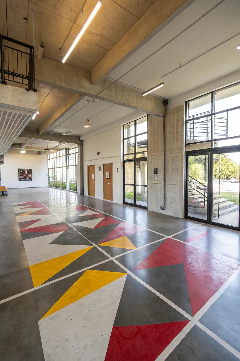 A mesmerizing geometric motif adorning a concrete floor, bestowing a contemporary flair upon the area.