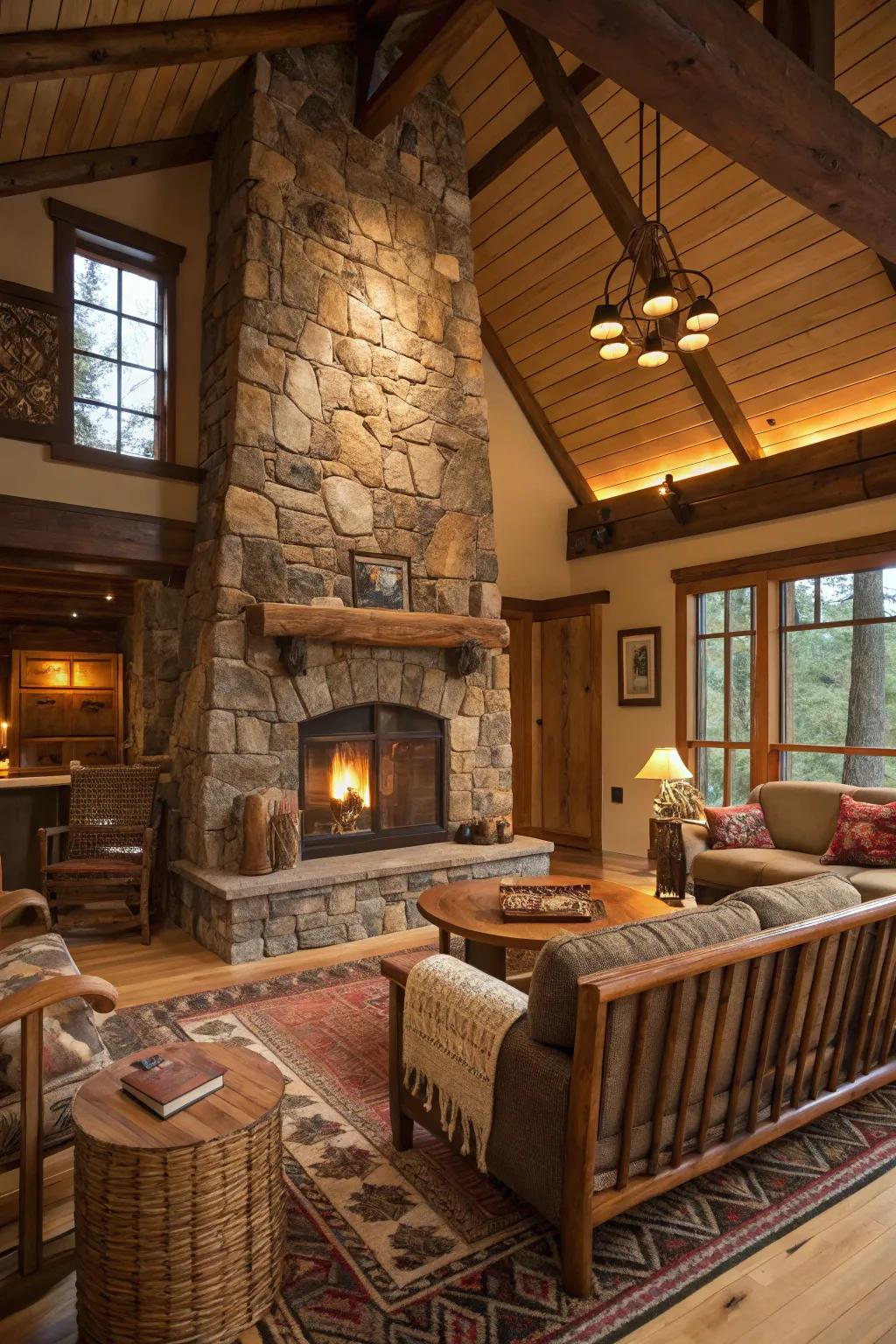 A warmly inviting living area showcasing a magnificent stone fireplace as its central focal point.