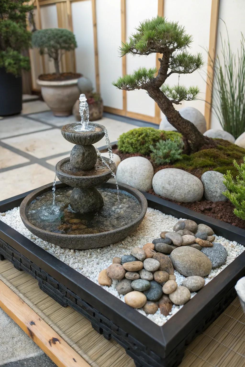 A pocket Zen retreat fountain cultivates a serene escape within your living space.
