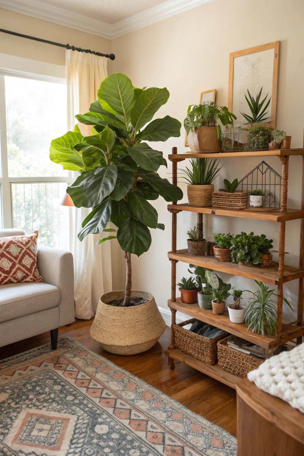 A living area transformed into a verdant retreat with a combination of big and small plants.