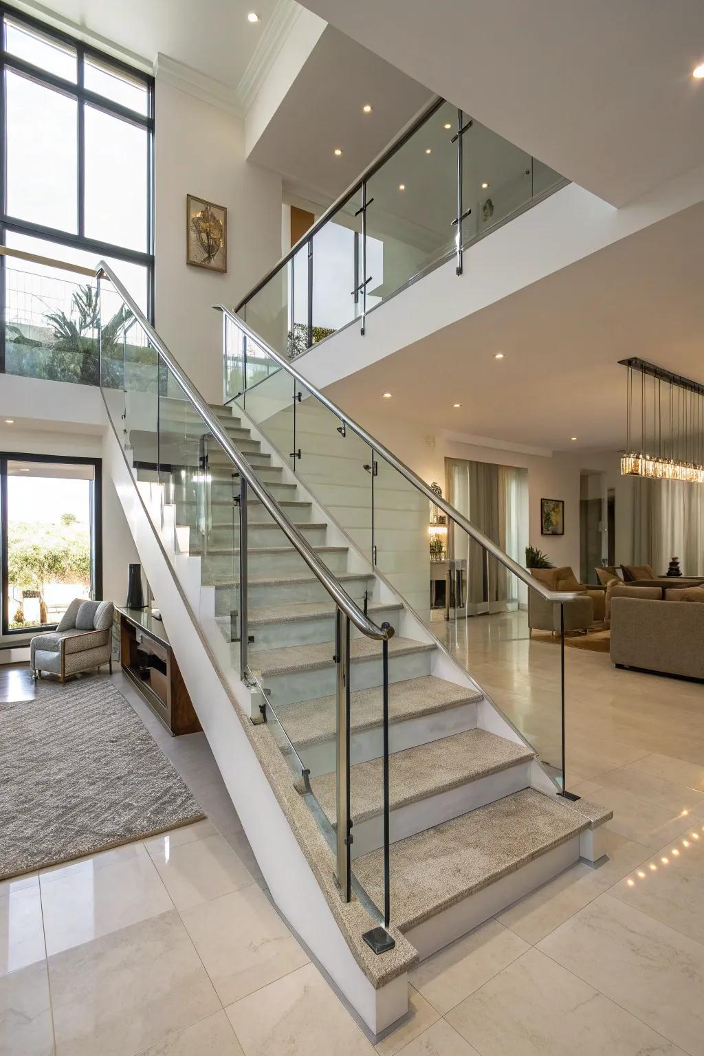 Glass panel stair borders create a modern, airy aesthetic.