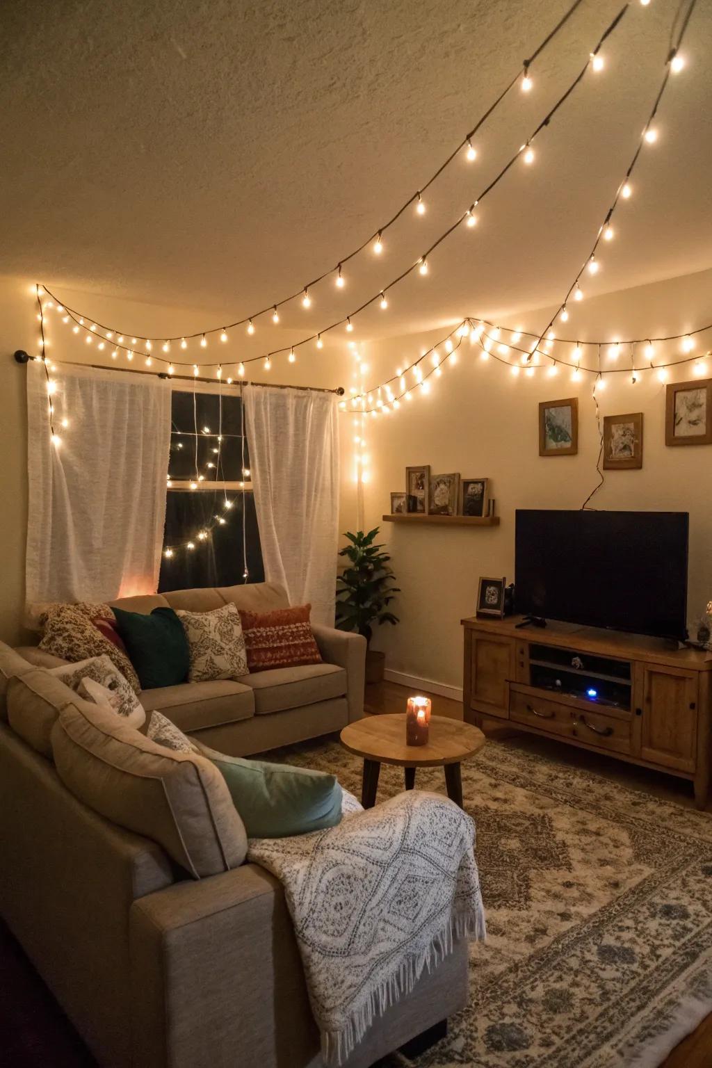 Hang fairy lights on your living room walls to make a cozy atmosphere.