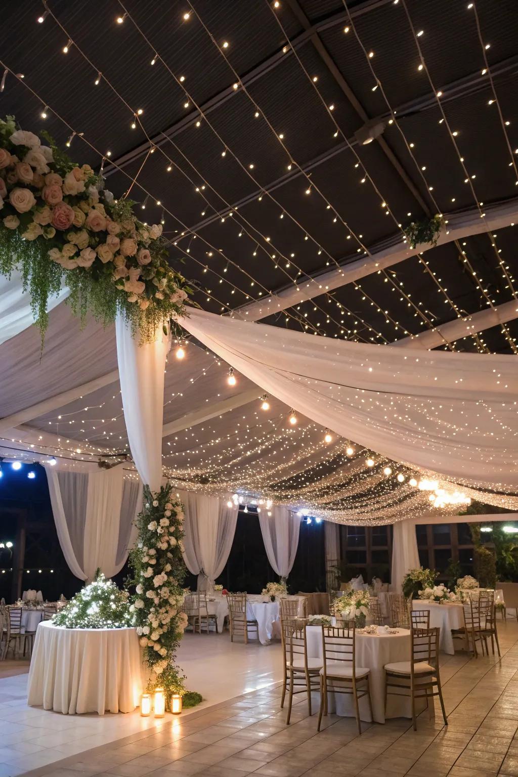 Thread lights creating a magical, starry vibe for a wedding.