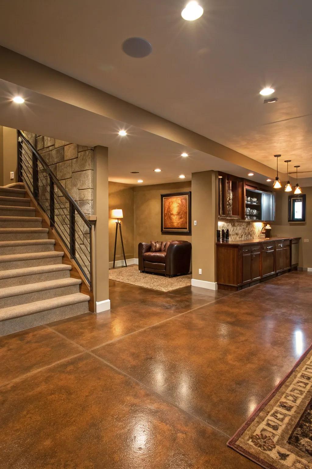 Stained concrete floors provide a refined, contemporary aesthetic.