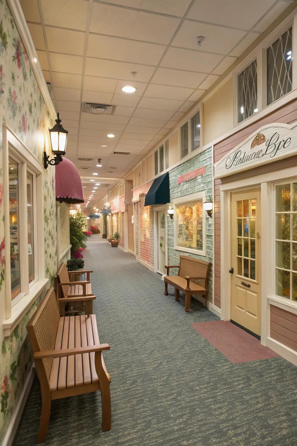 Turning nursing home hallways into vibrant, engaging street scenes.