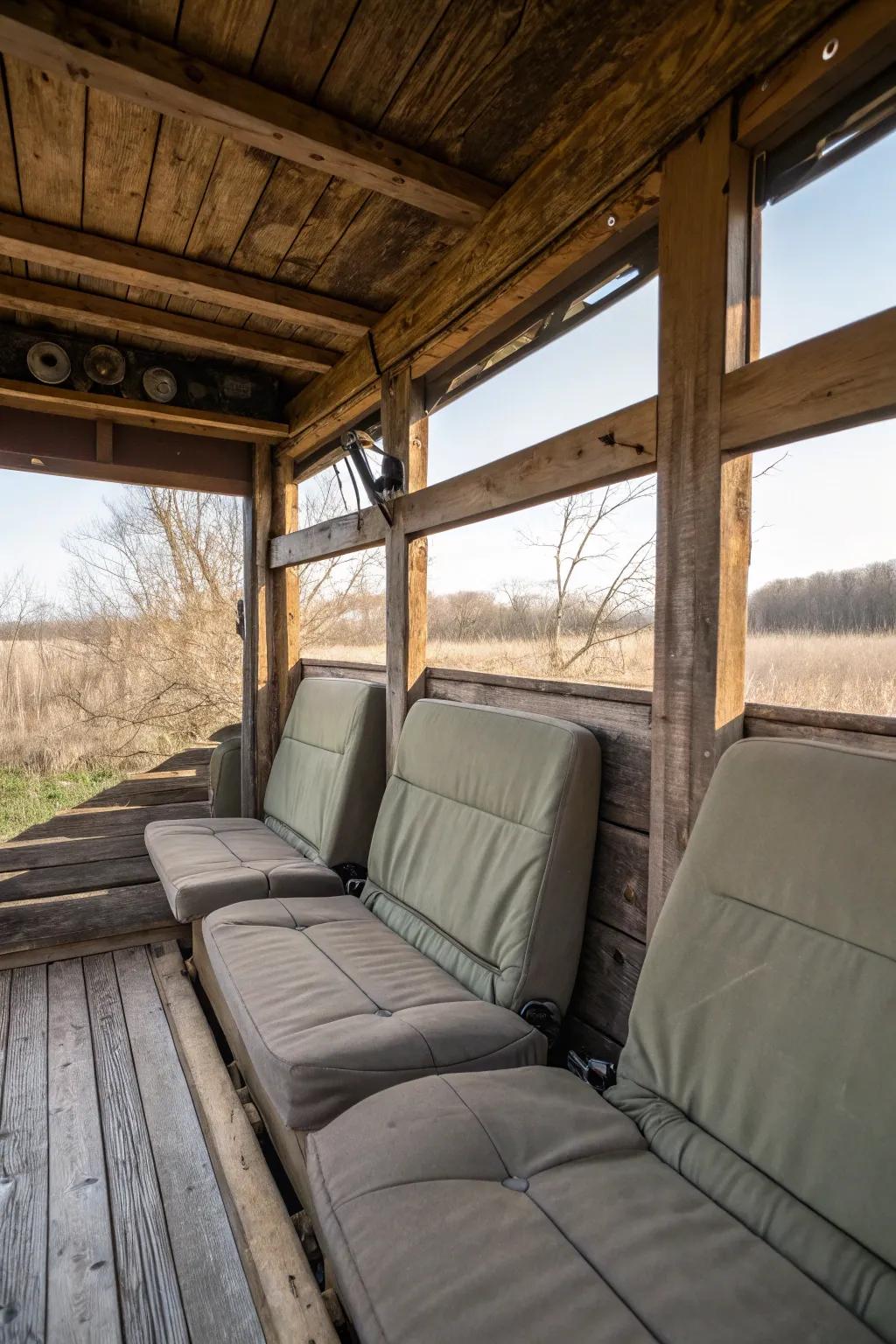 Cushioned seating adds comfort to long hours in the blind.