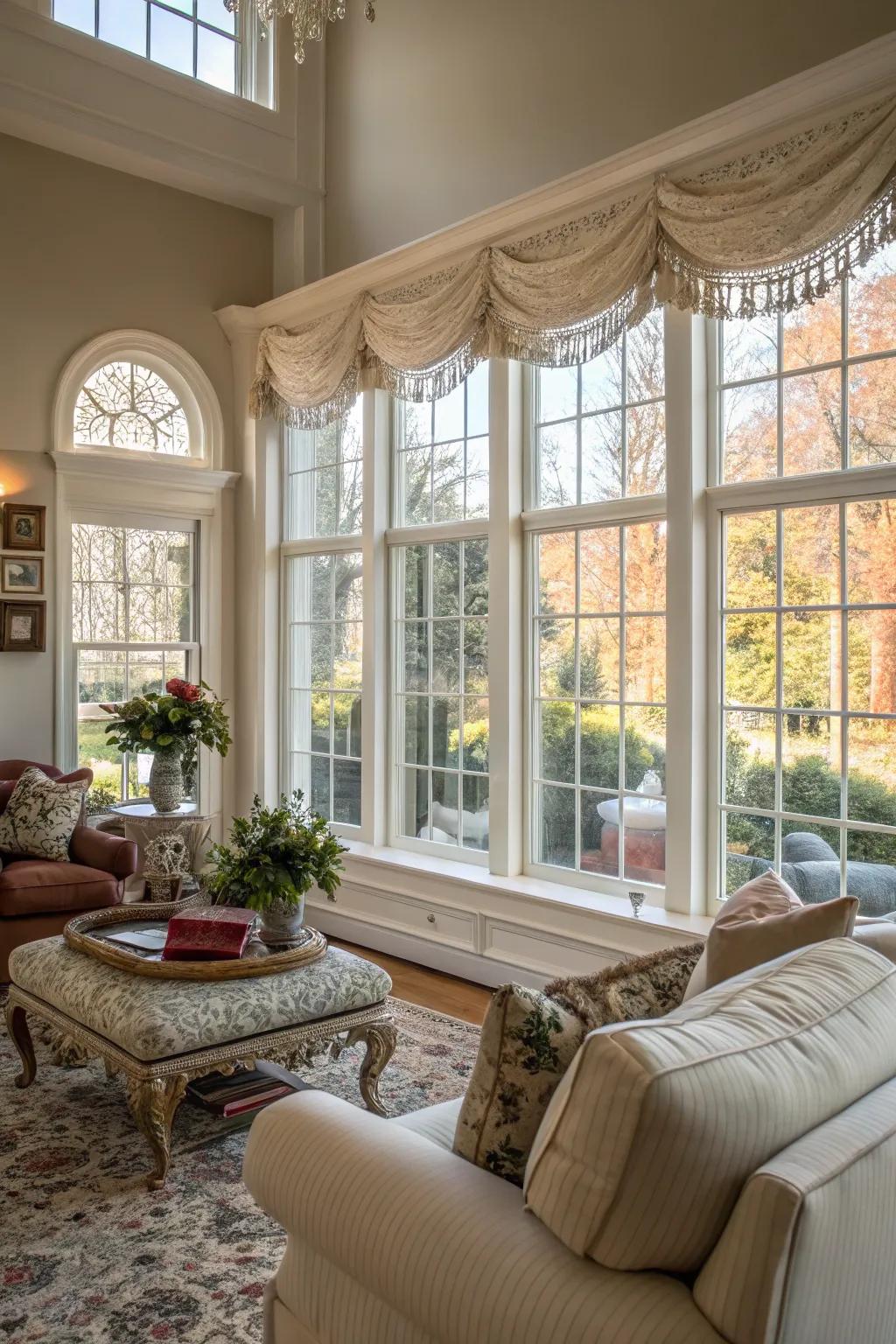 Expansive windows framed with stylish white trim brighten a warm living area.