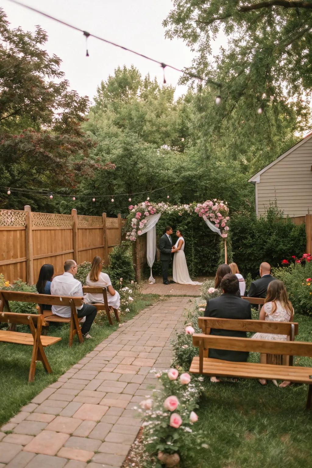 Charming seating arrangement showcasing wooden benches for a cozy wedding atmosphere.