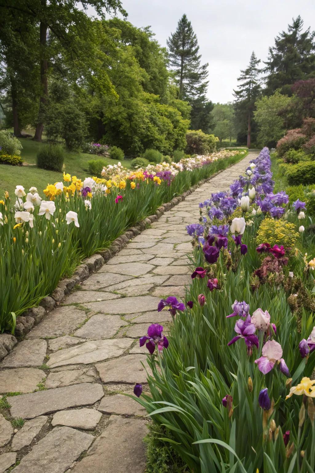 Irises gracefully accenting a garden path, infusing clarity and vividness.