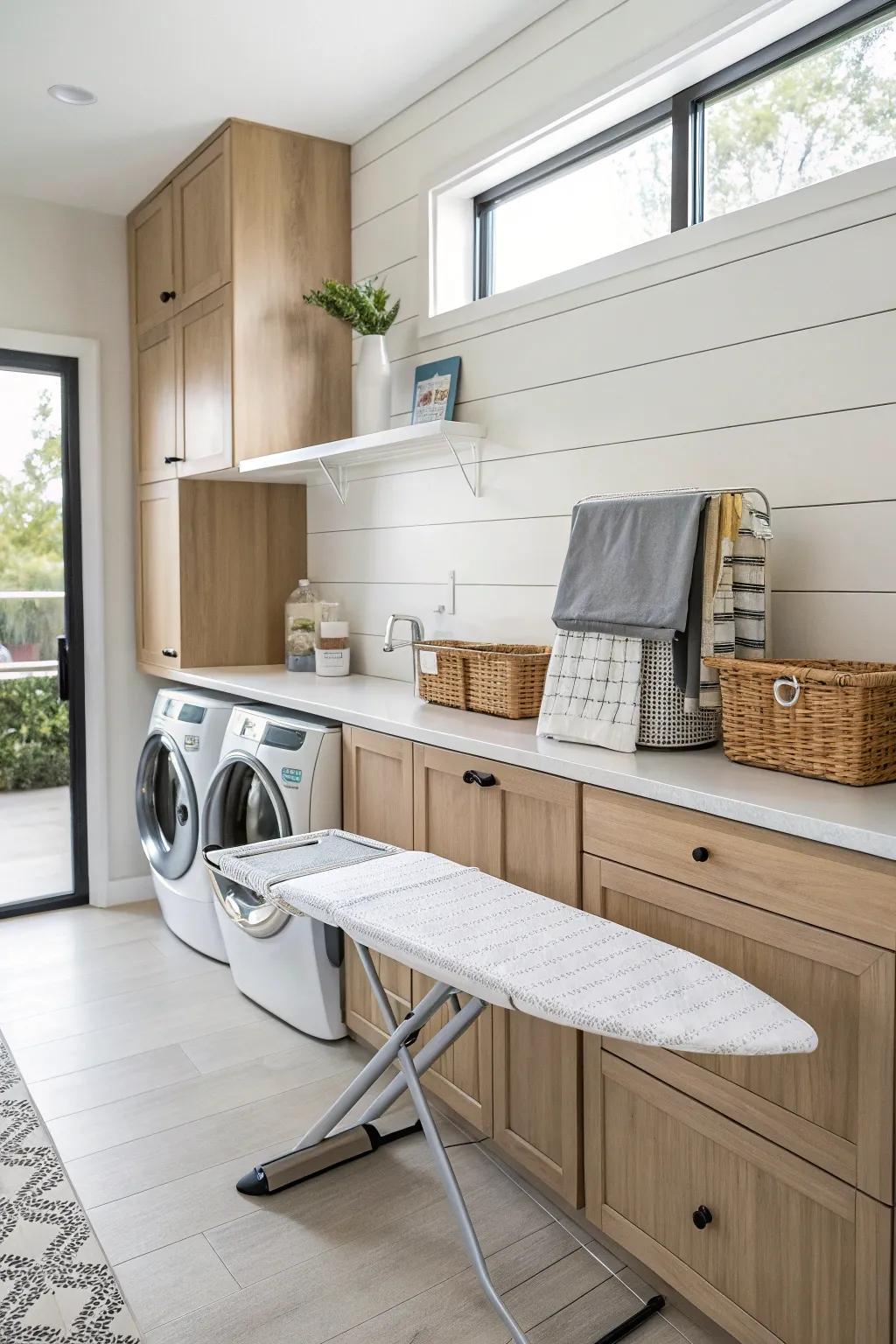 A fold-away wall-affixed ironing surface graces a modern laundry space.
